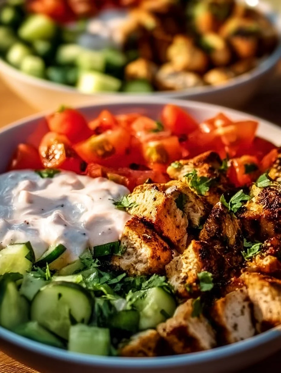 Greek chicken gyro bowl with marinated chicken and fresh toppings