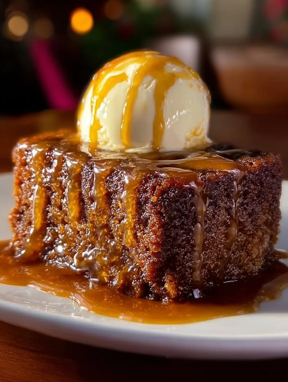 Delicious sticky toffee pudding drizzled with creamy toffee sauce on a white plate.