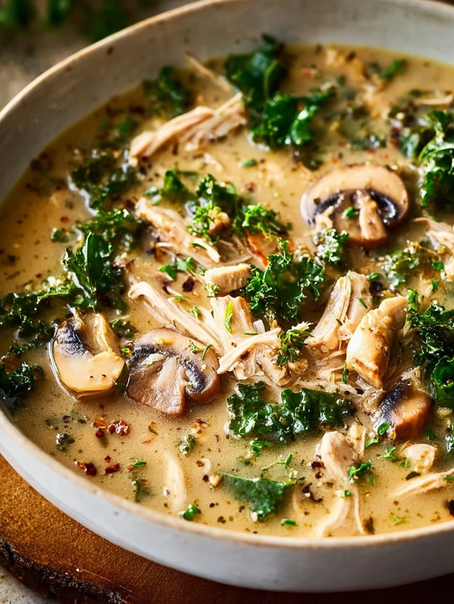 Bowl of rotisserie chicken and mushroom chicken soup, perfect for fall.