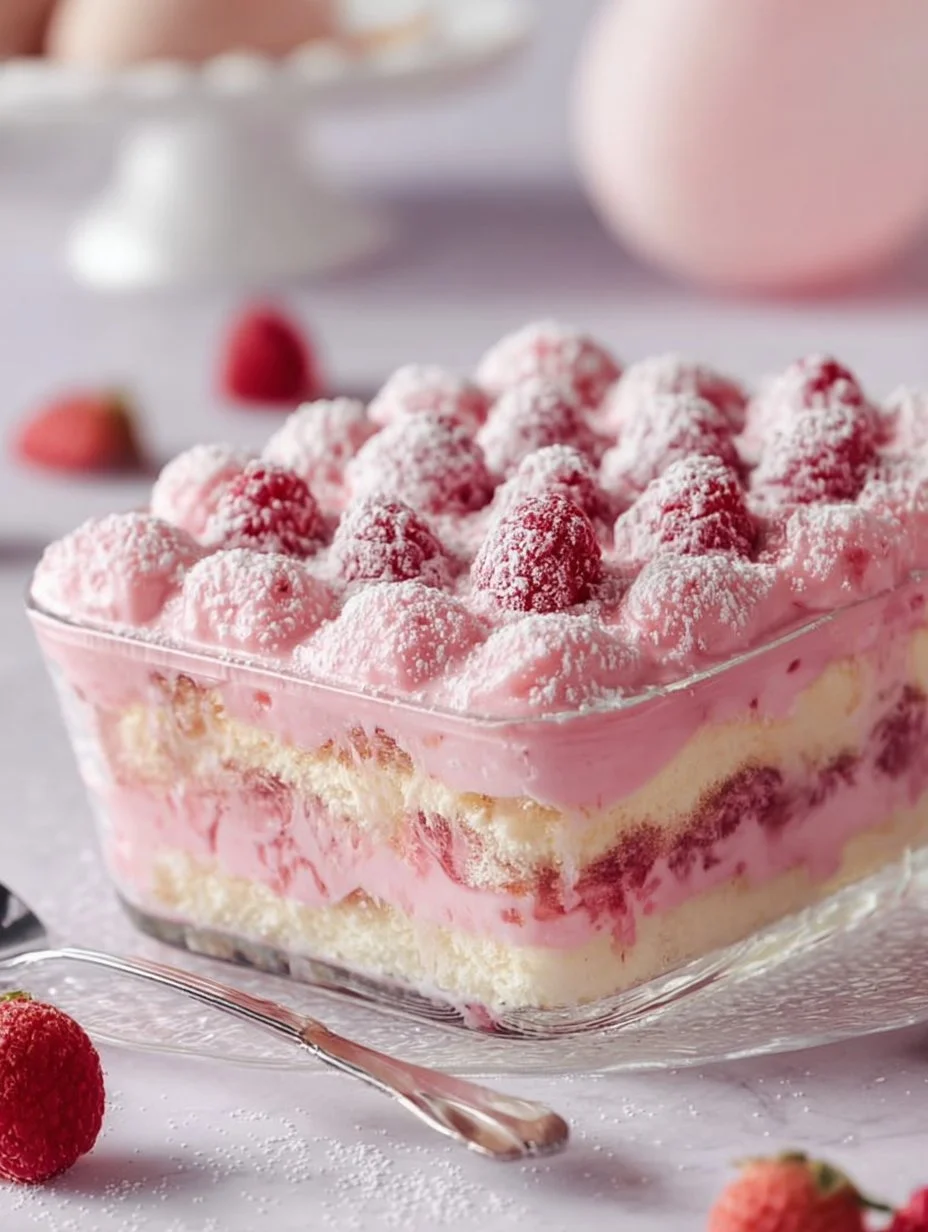 Delicious White Chocolate Raspberry Tiramisu dessert served in a glass dish