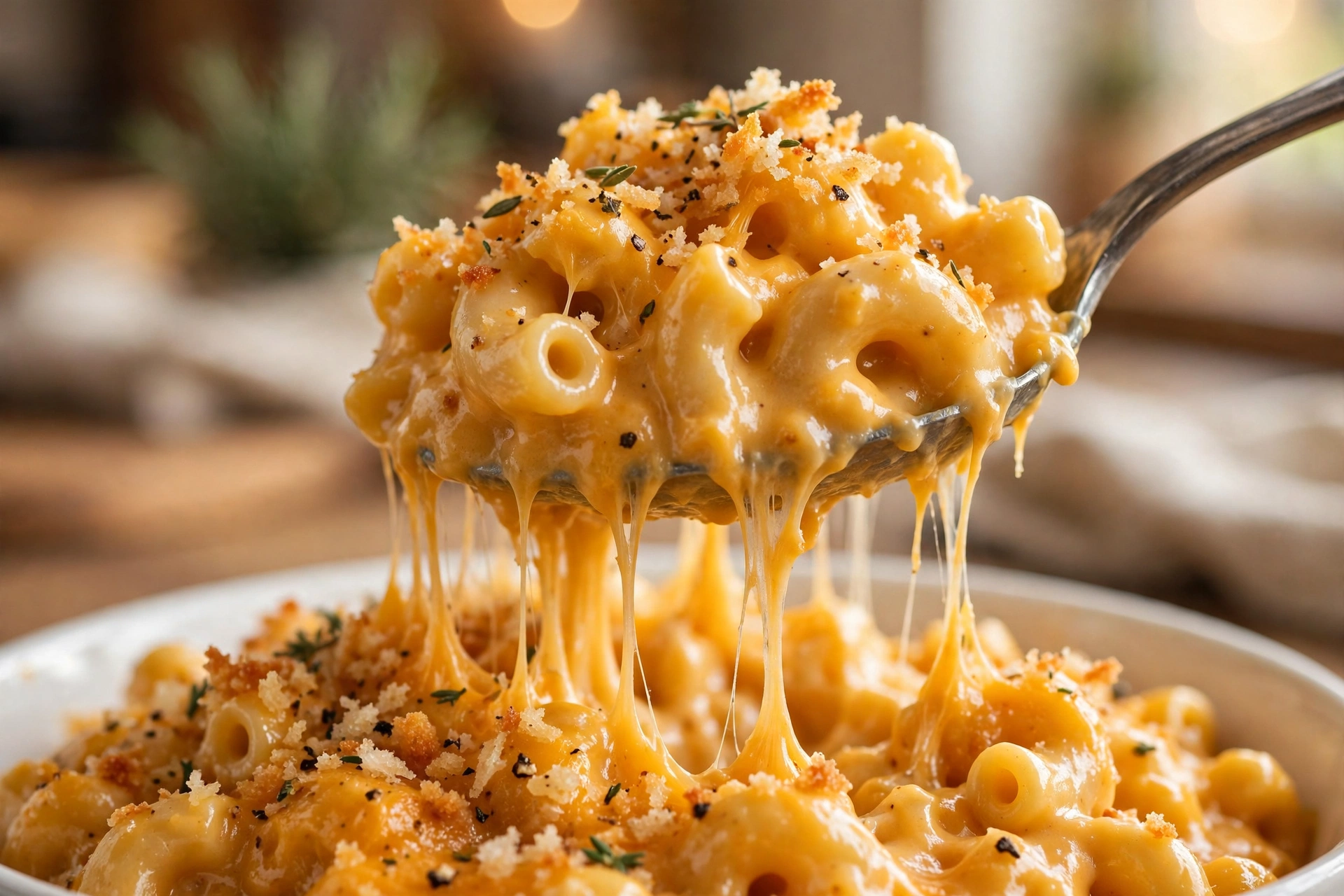 Close-up of creamy butternut squash mac and cheese spoonful