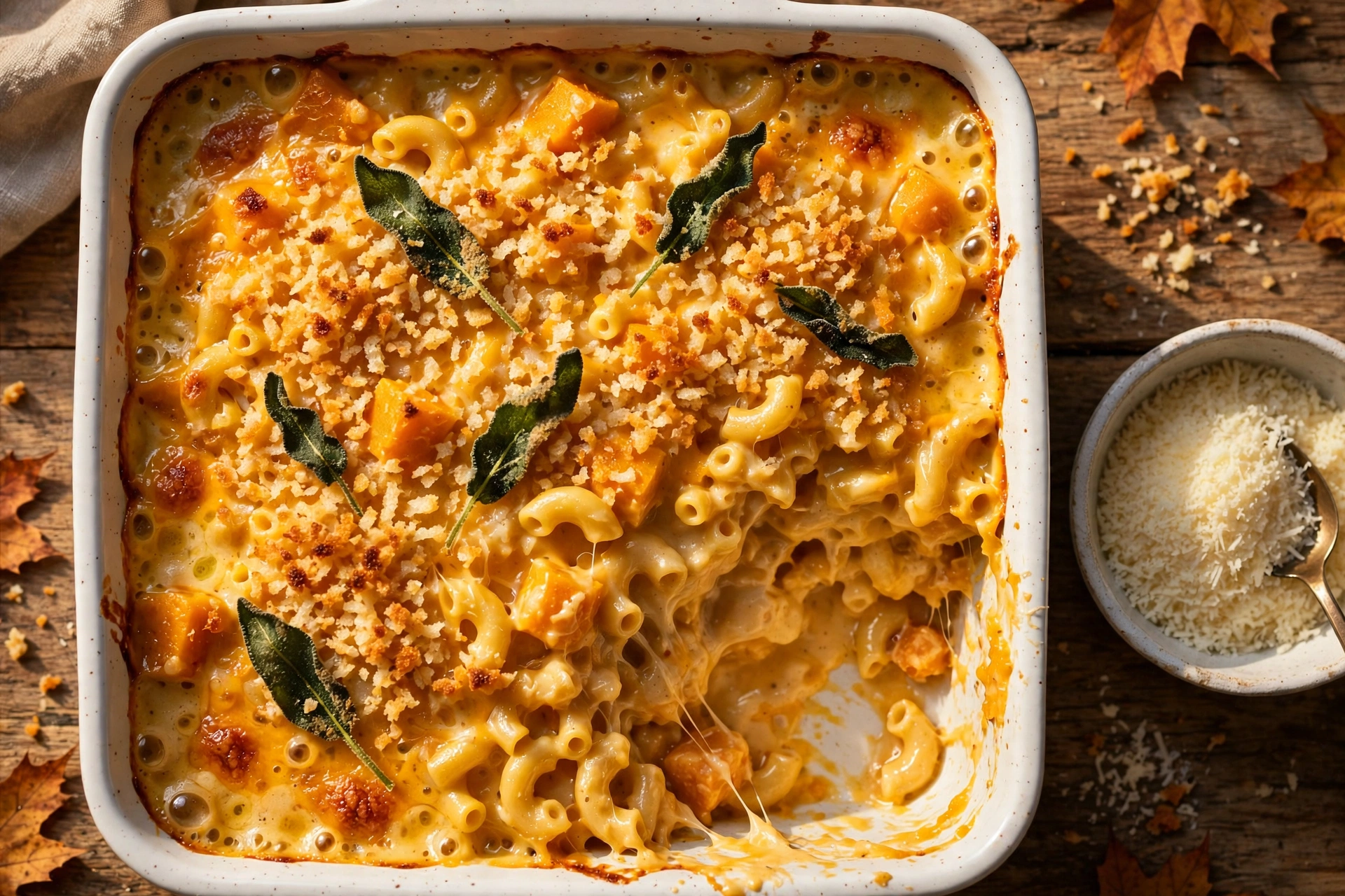Creamy butternut squash mac and cheese in a baking dish with golden panko crust
