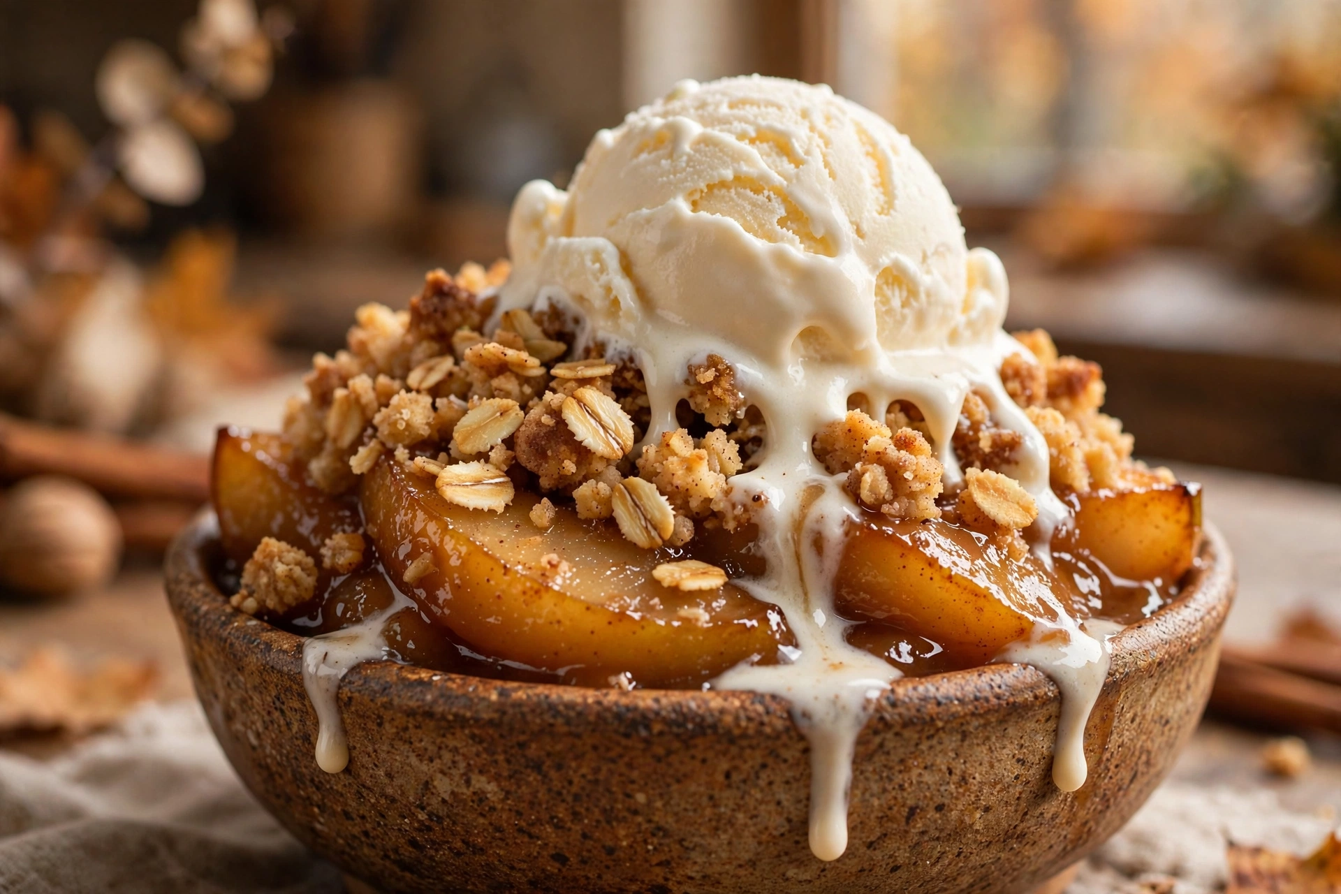 close-up of spiced pear crisp with oat topping