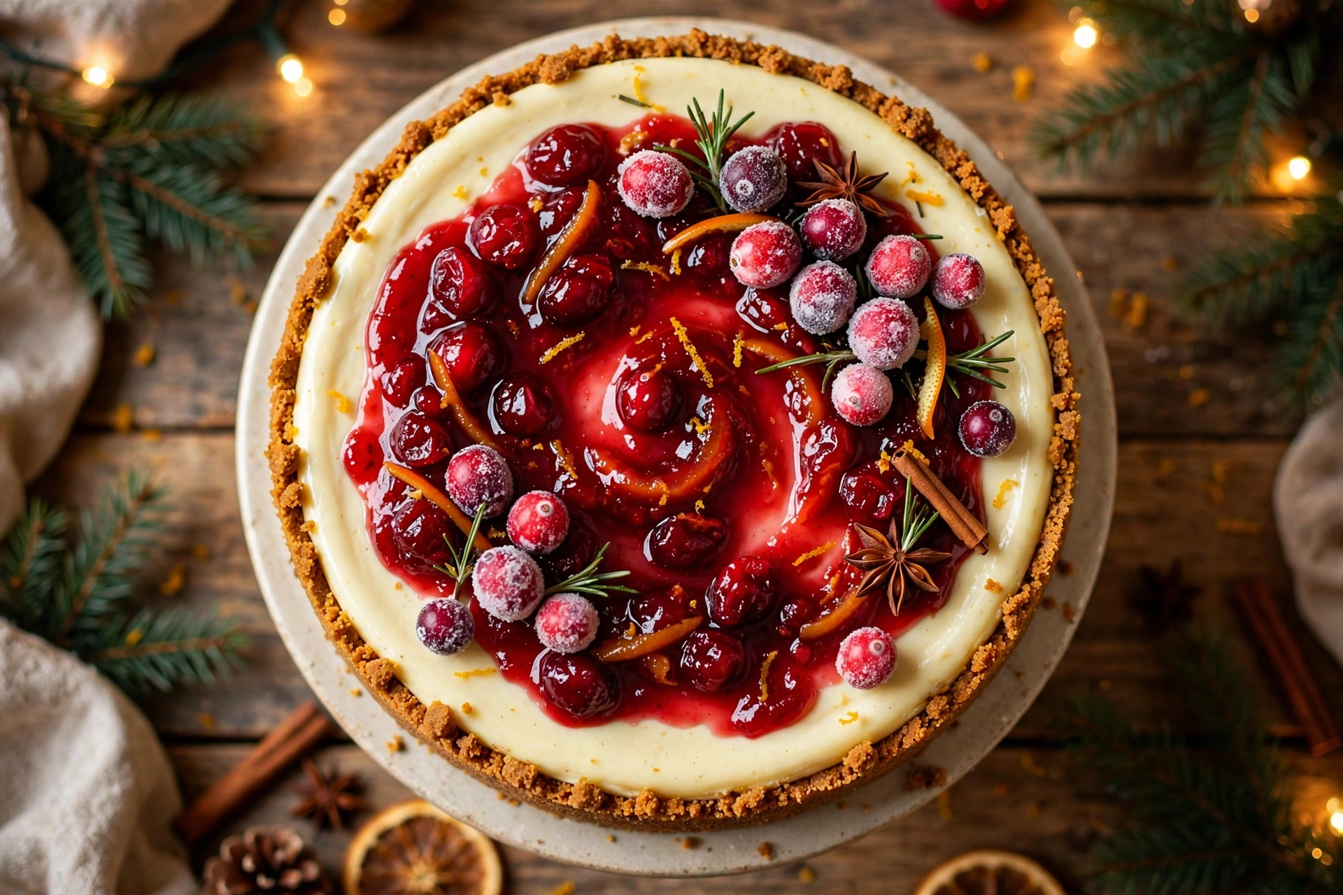 White chocolate cranberry cheesecake with gingersnap crust and glossy cranberry topping