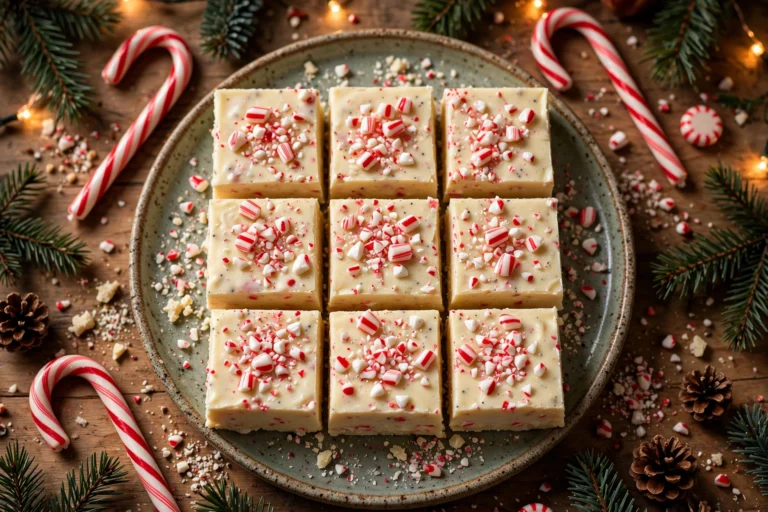 Peppermint White Chocolate Fudge squares topped with crushed candy canes