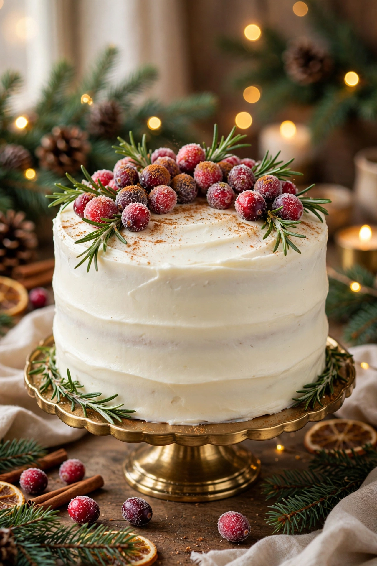 Whole gingerbread layer cake topped with sugared cranberries and rosemary sprigs on a gold cake stand