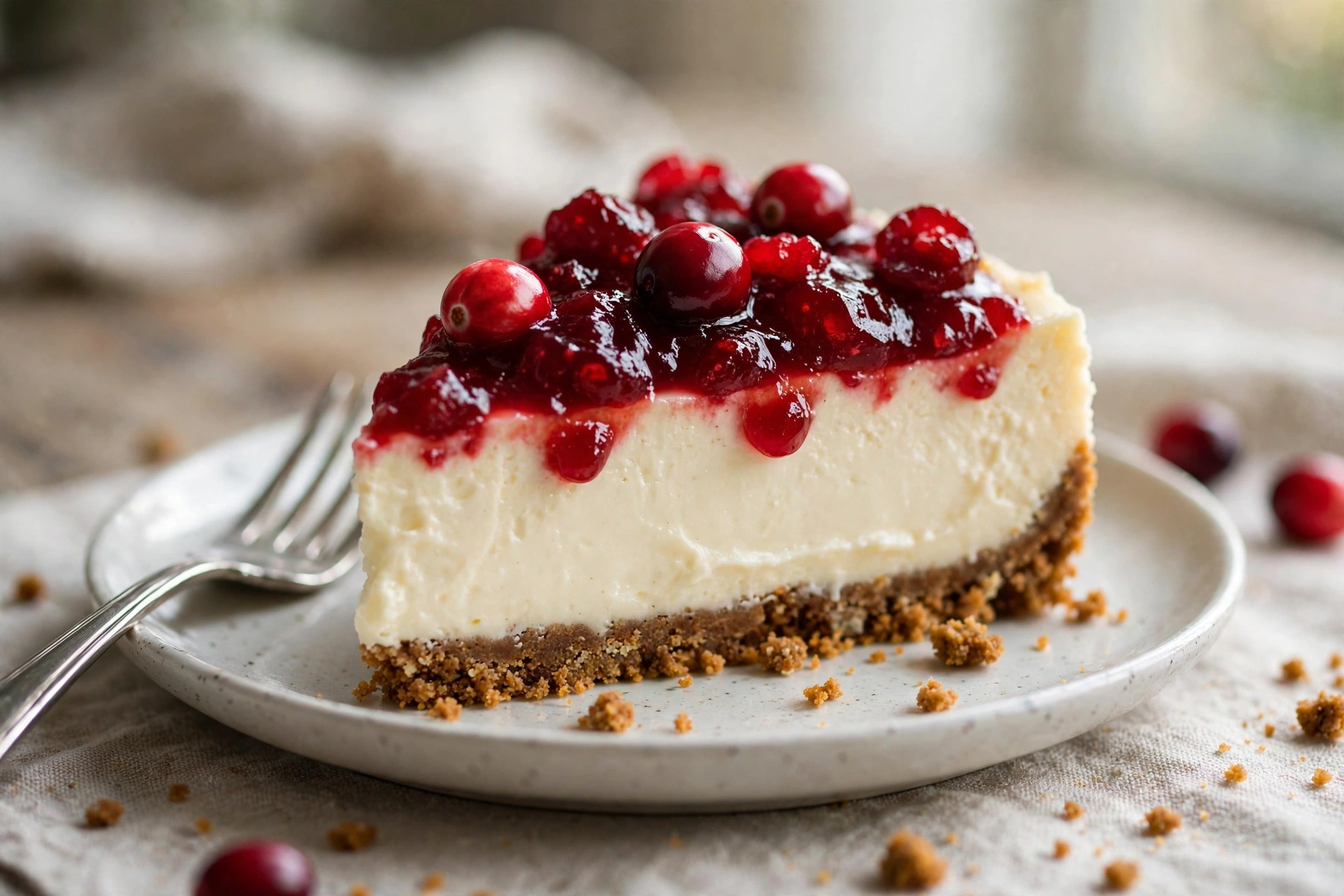 Slice of white chocolate cranberry cheesecake showing creamy filling and cranberry topping