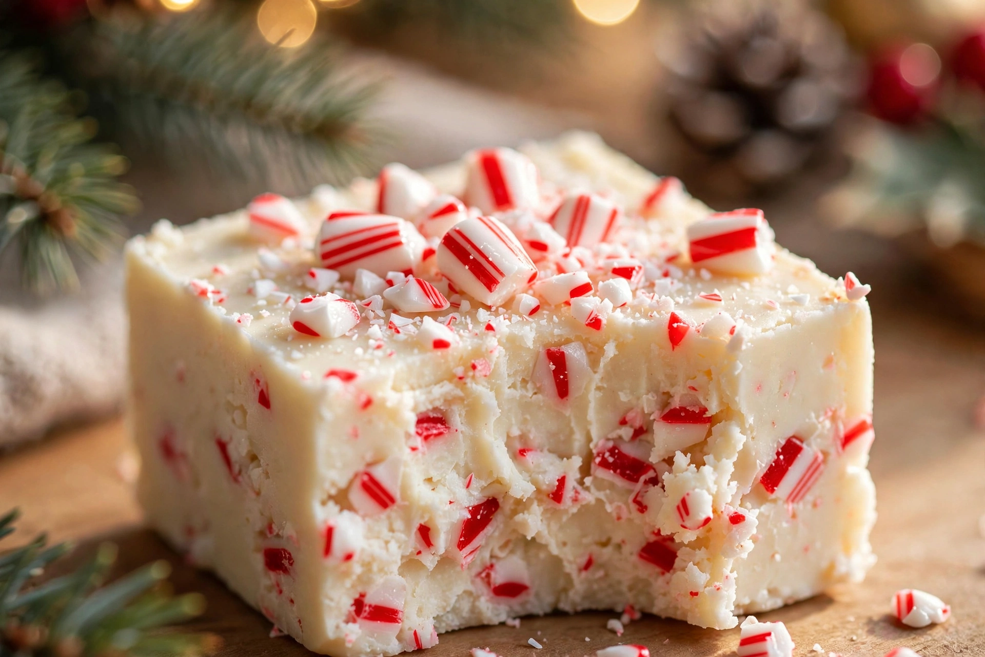 Close-up of a Peppermint White Chocolate Fudge square with candy cane pieces