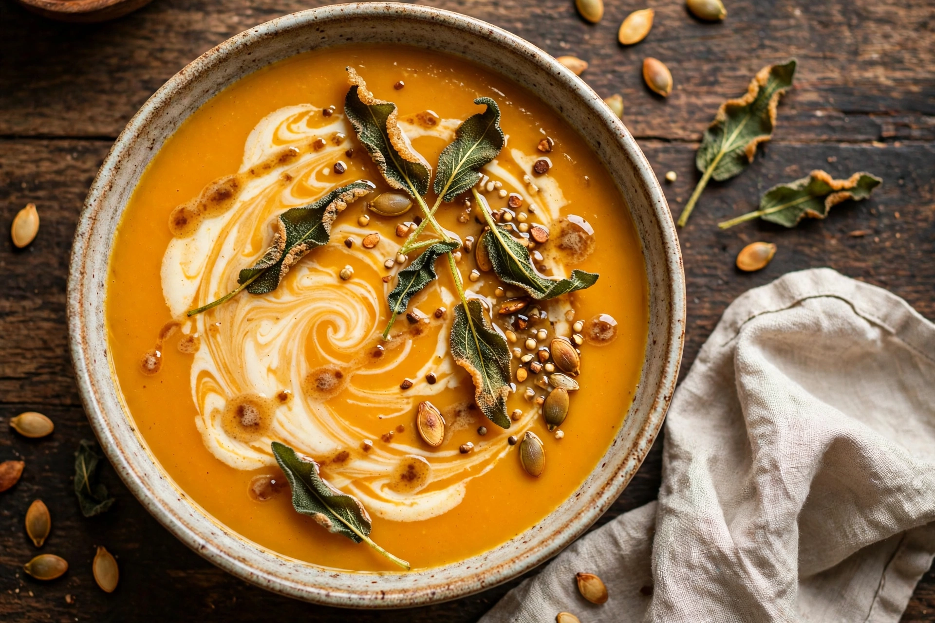 Roasted butternut squash soup with brown butter and crispy sage in a bowl