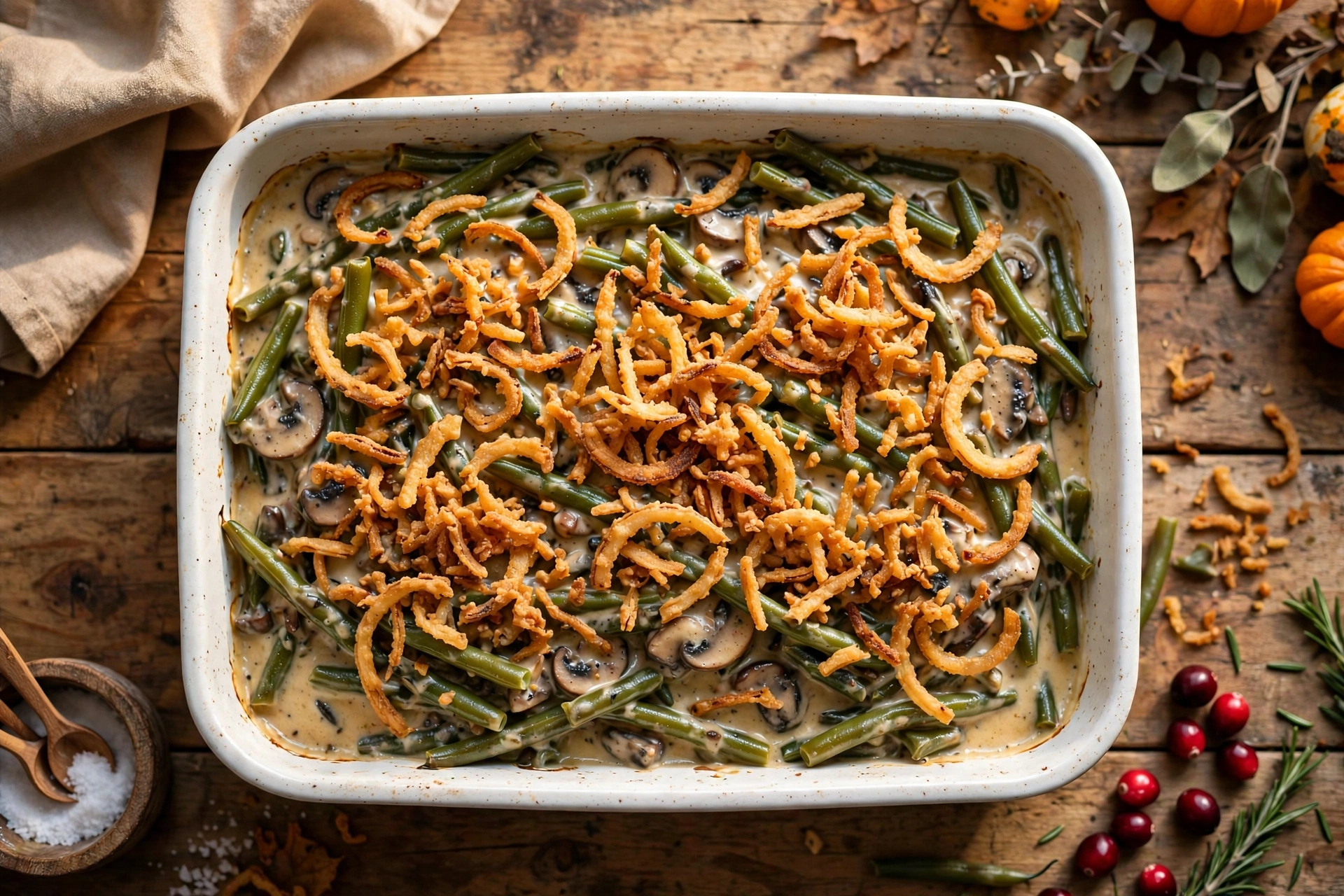 Green Bean Casserole with crispy fried onions in a baking dish