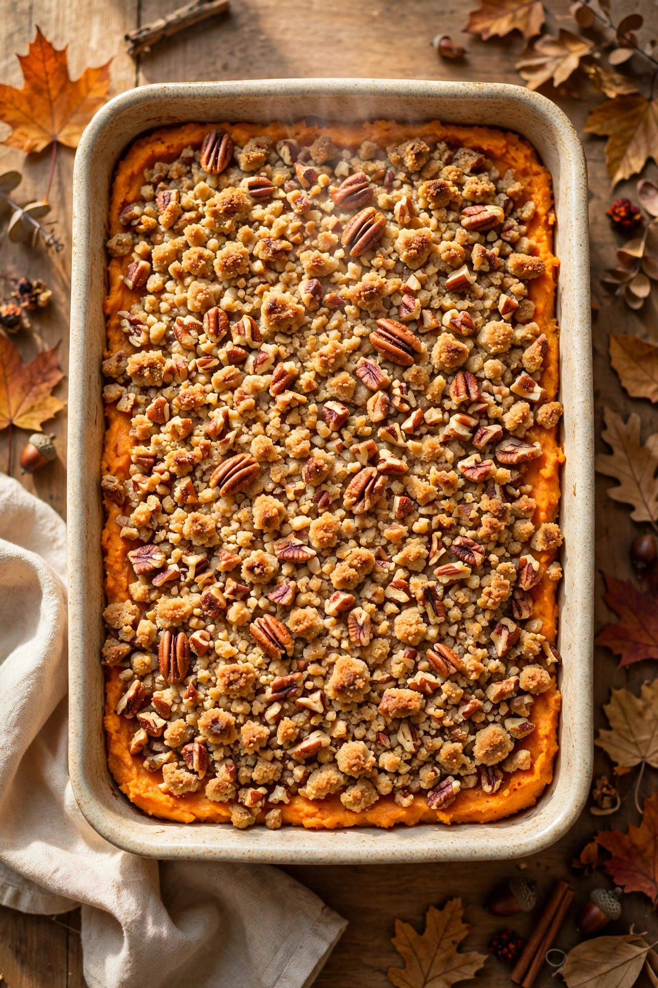 Overhead view of sweet potato casserole with pecan streusel in a baking dish surrounded by fall leaves