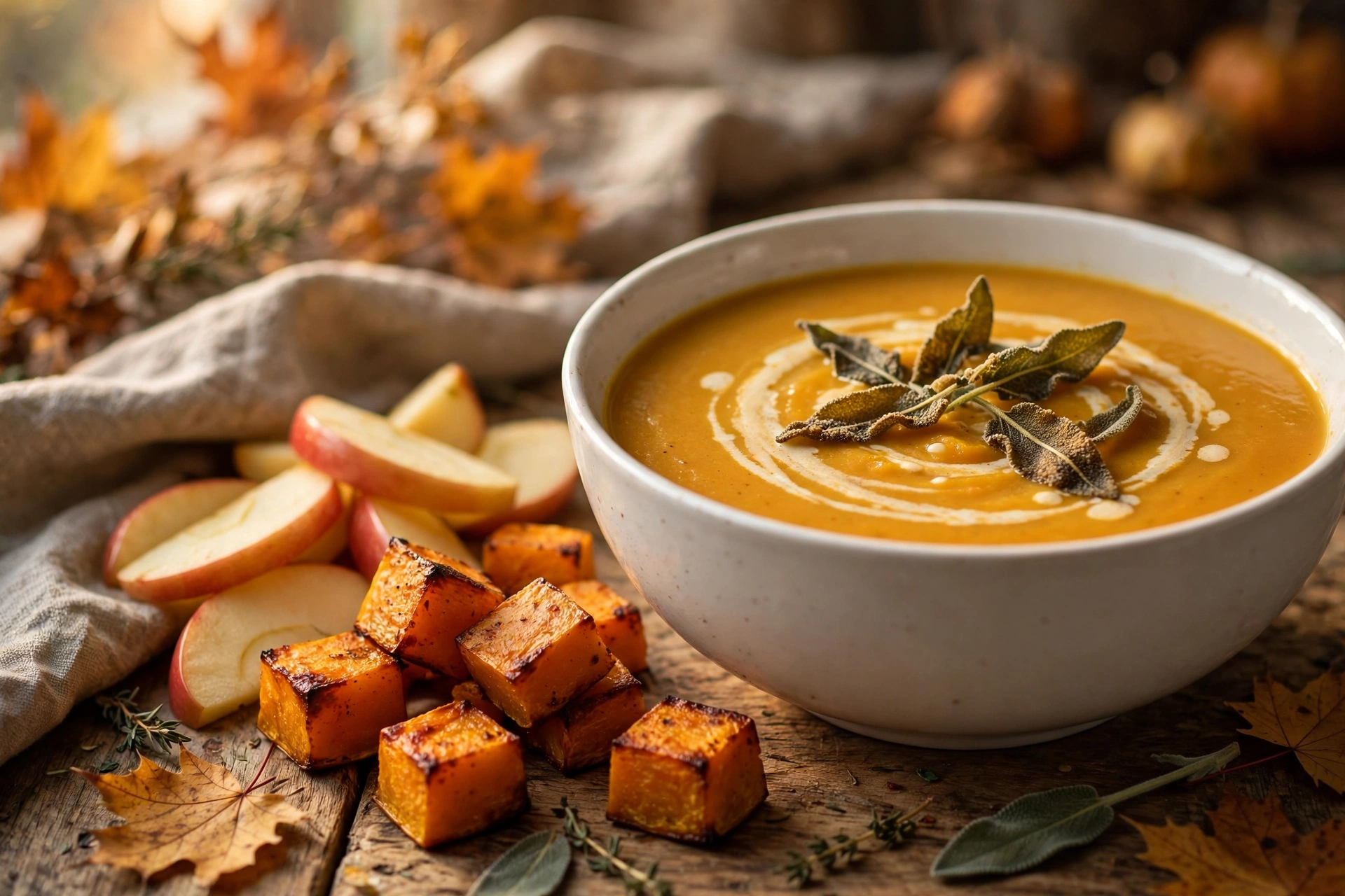 Close-up of silky roasted butternut squash soup with maple swirl
