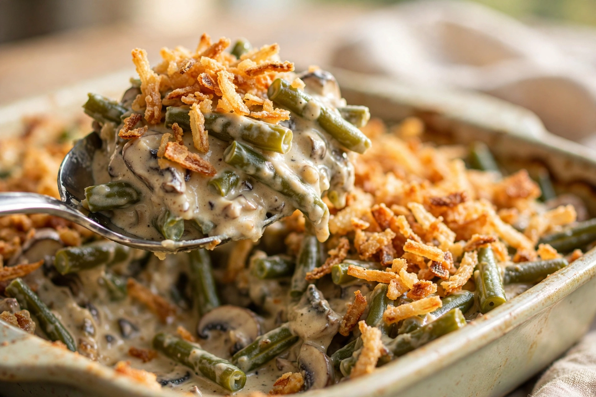 Spoon lifting creamy Green Bean Casserole with crispy onions