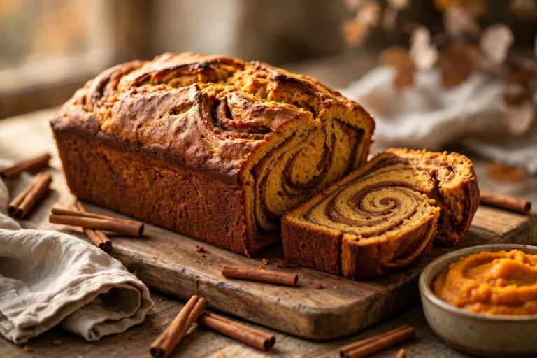 Cinnamon Swirl Pumpkin Bread loaf with golden crust and cinnamon sugar topping