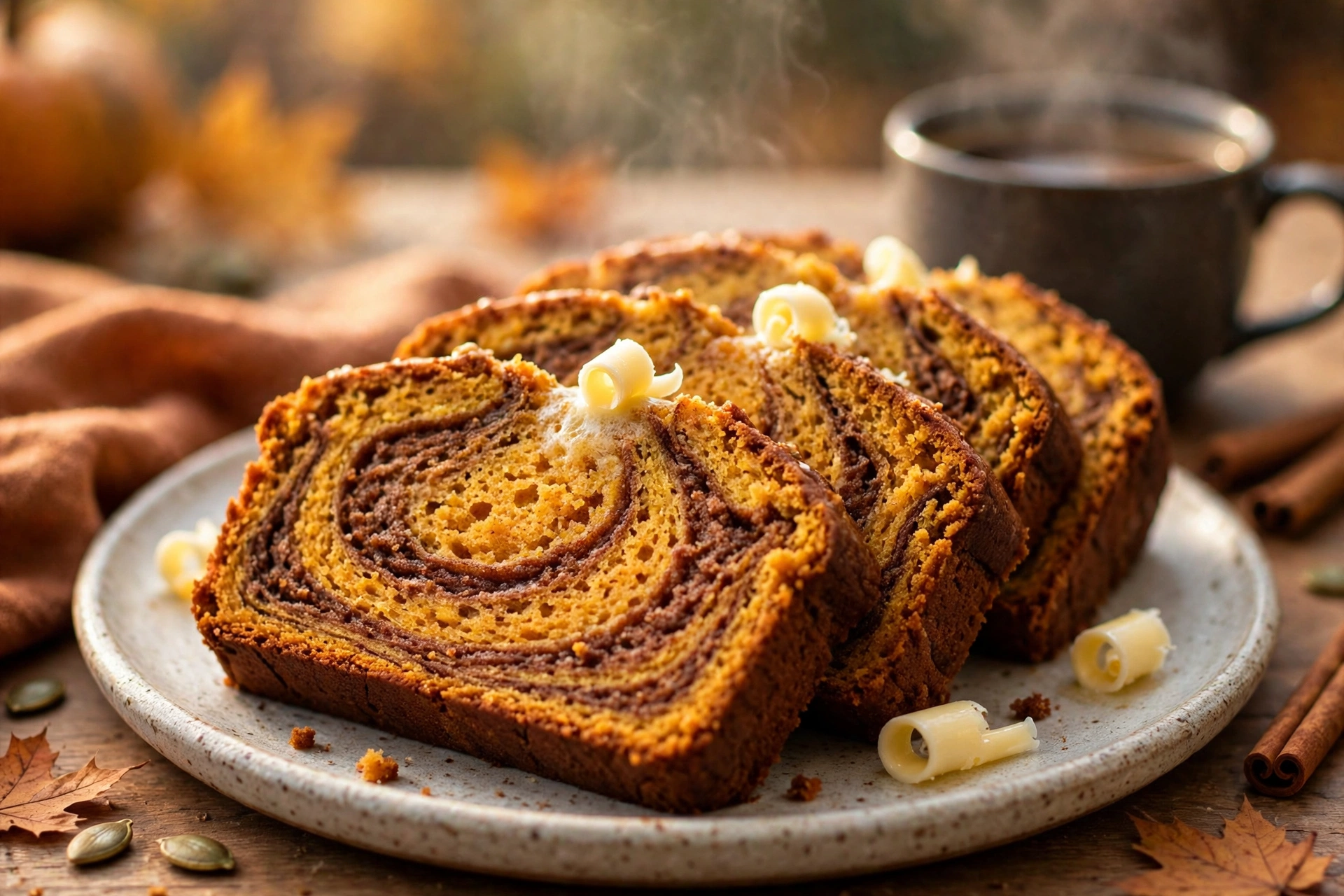 Sliced Cinnamon Swirl Pumpkin Bread showing marbled cinnamon swirl