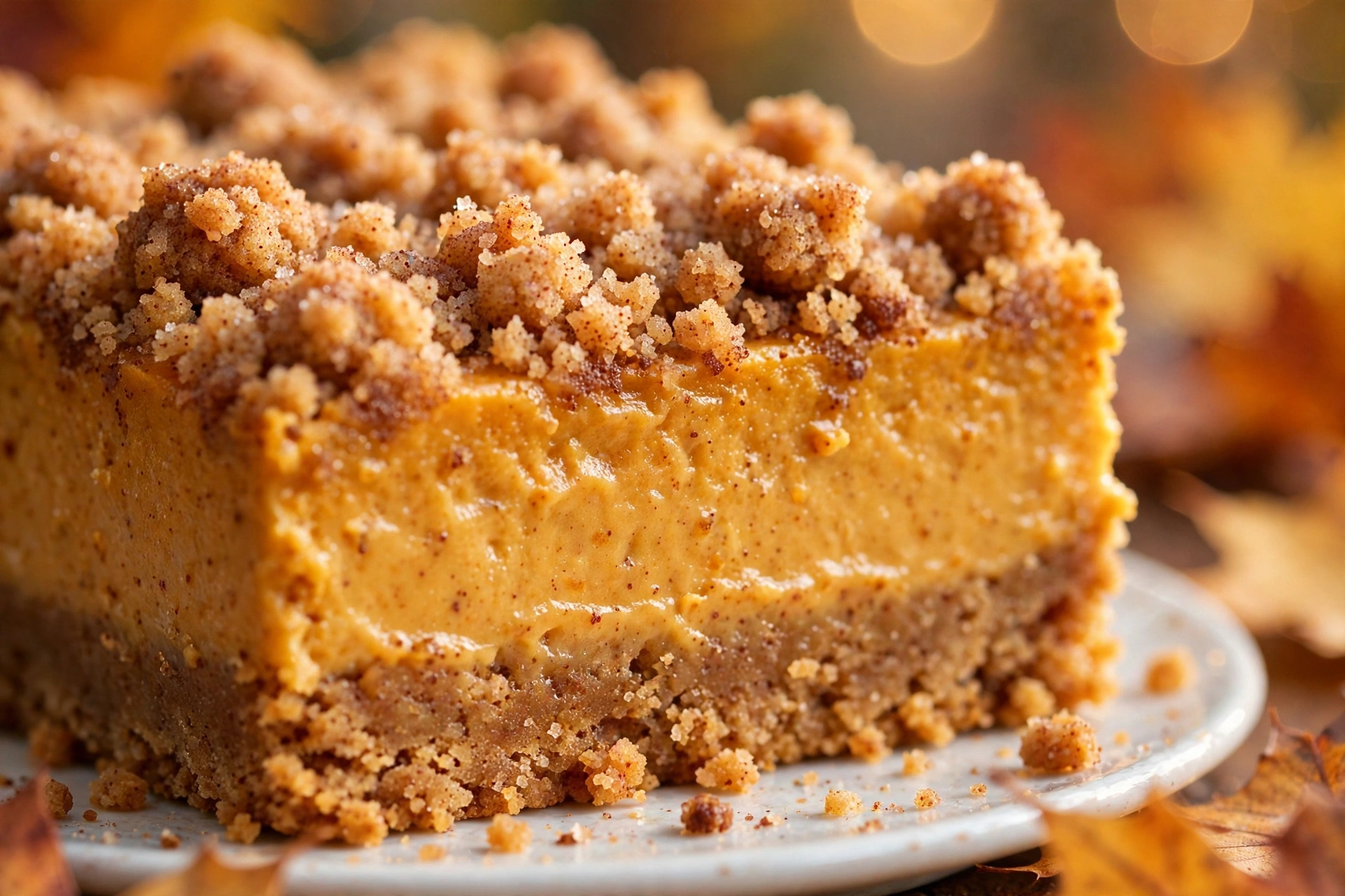Close-up of a pumpkin cheesecake snickerdoodle bar showing the cookie, cheesecake and crumble layers
