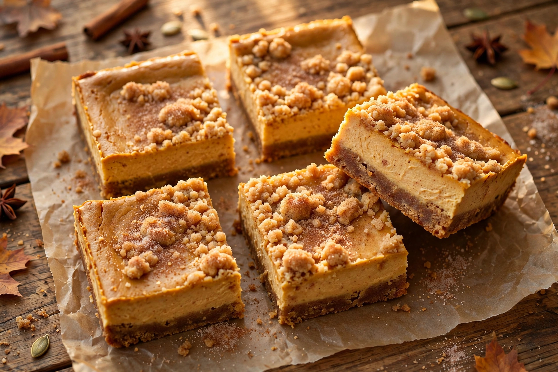 Pumpkin cheesecake snickerdoodle bars with chewy cinnamon cookie base, silky pumpkin cheesecake layer and cinnamon sugar topping