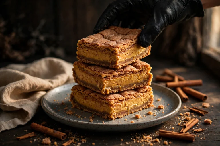 Stack of pumpkin cheesecake snickerdoodle bars showing the creamy pumpkin cheesecake layer and cinnamon sugar topping
