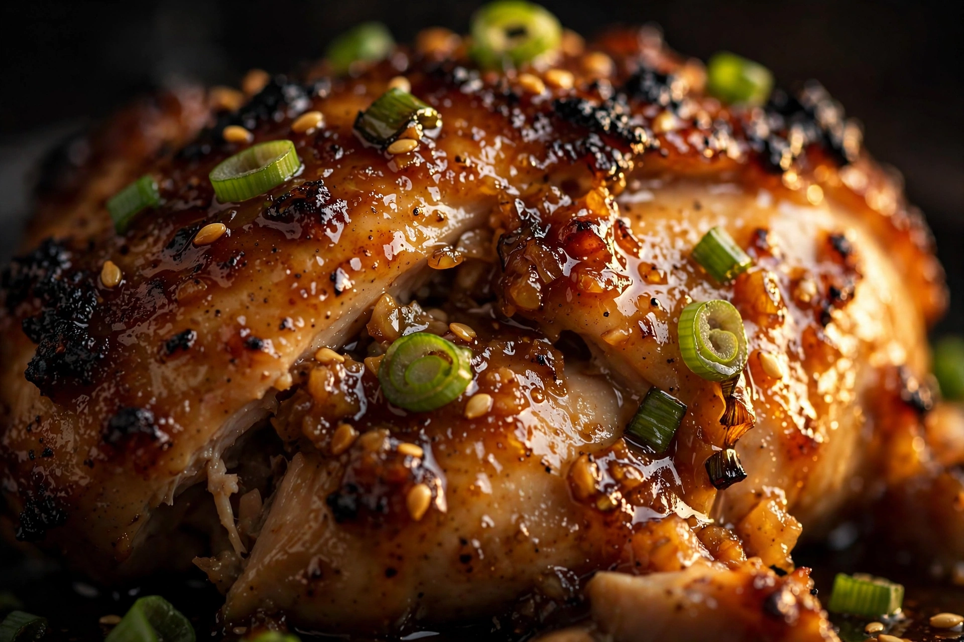 Close-up of slow cooker honey garlic chicken thighs with sticky caramelized glaze