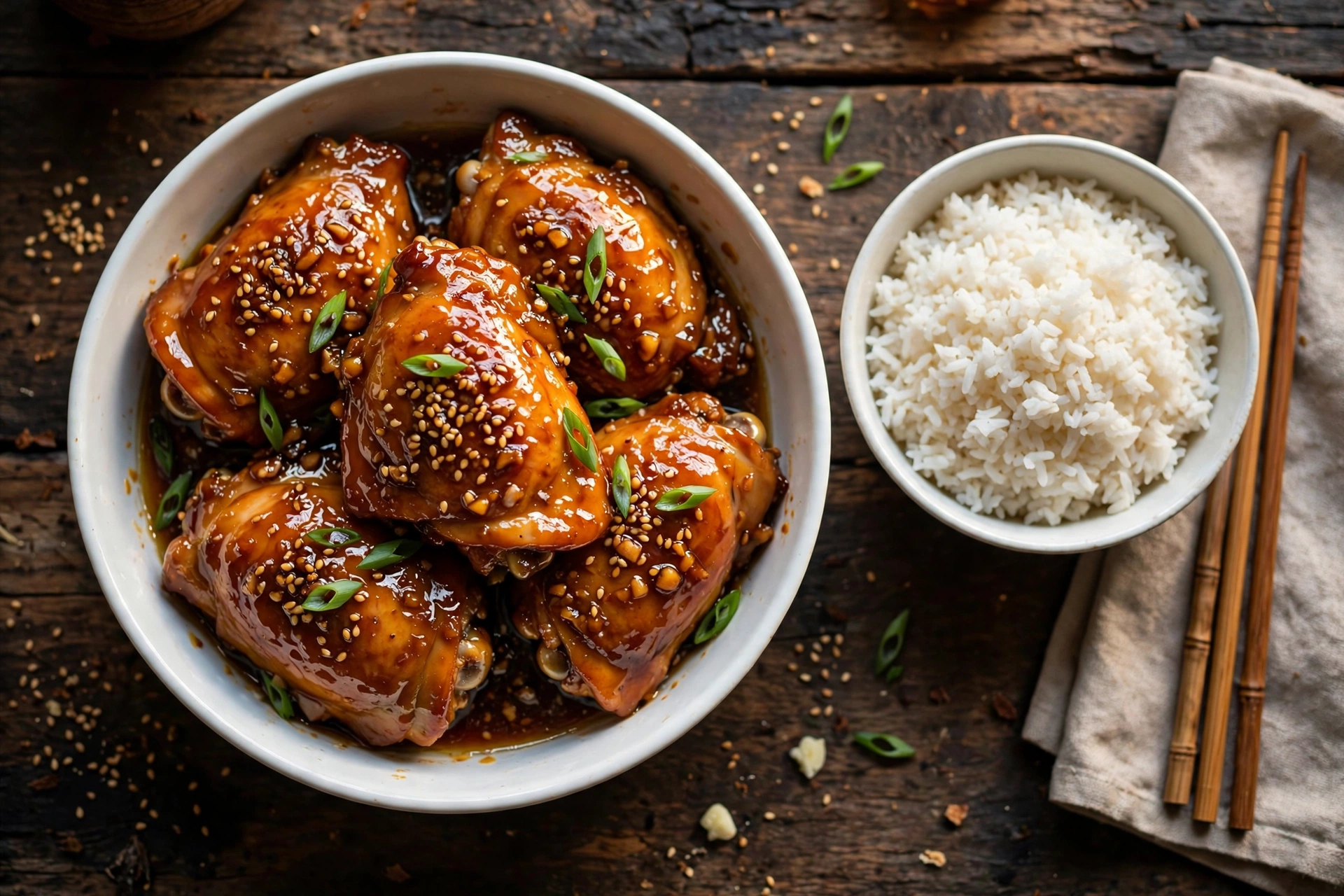 Slow cooker honey garlic chicken thighs with glossy glaze over jasmine rice