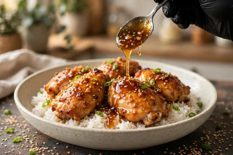 Slow cooker honey garlic chicken thighs served over jasmine rice with sesame seeds and green onions