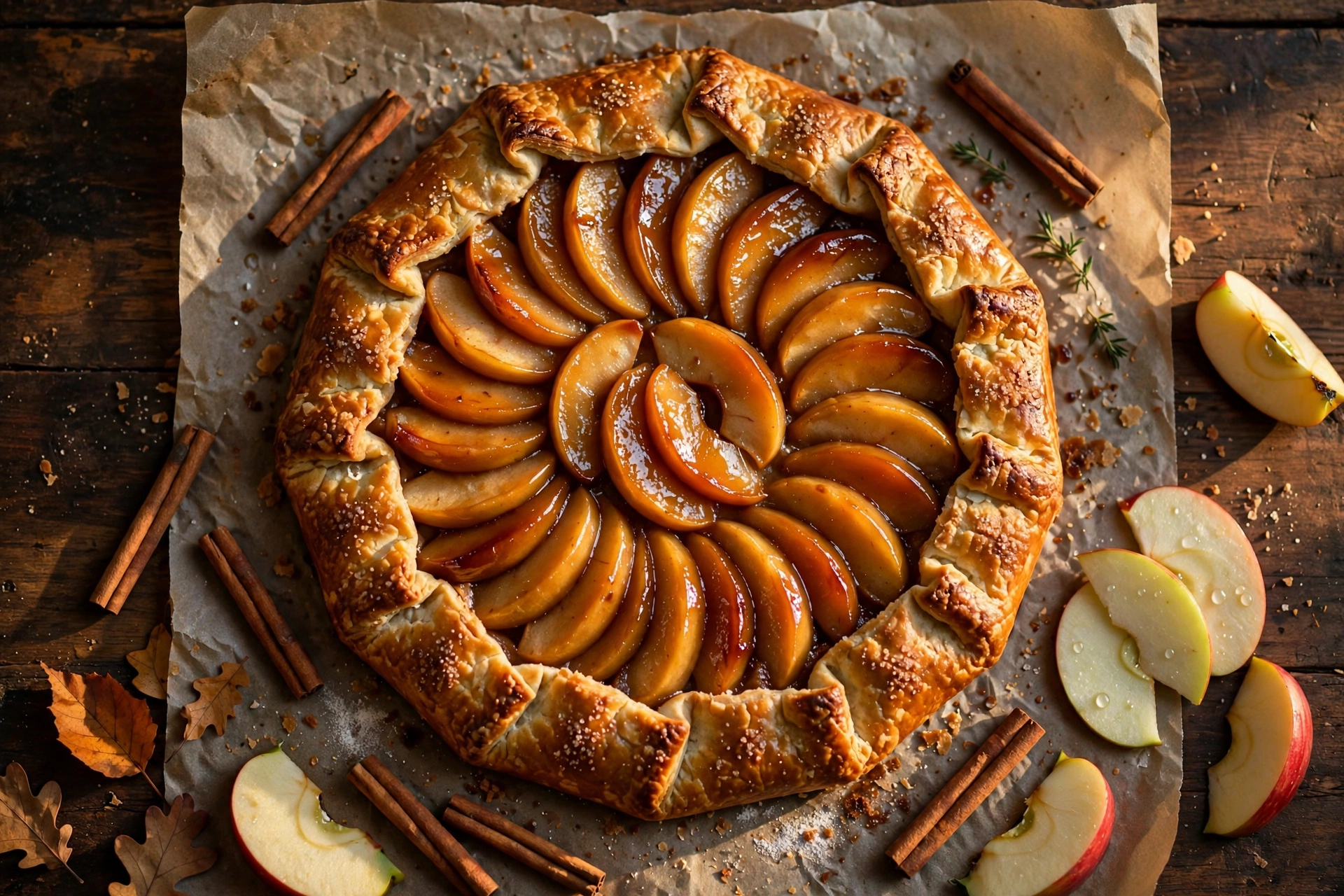 Cinnamon apple cider galette with glossy spiced apples on a rustic wooden table
