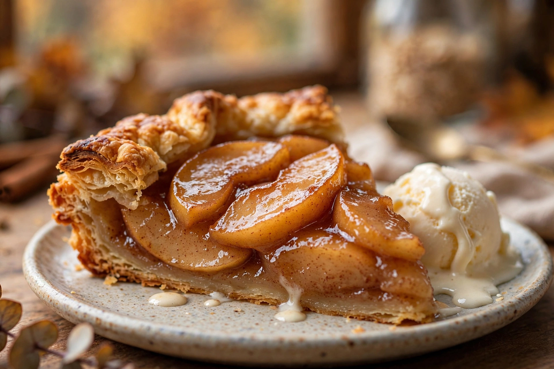 Slice of cinnamon apple cider galette showing flaky crust and tender glazed apples