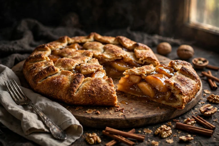 Baked cinnamon apple cider galette with a slice cut out, served on a wooden board with walnuts and cinnamon sticks