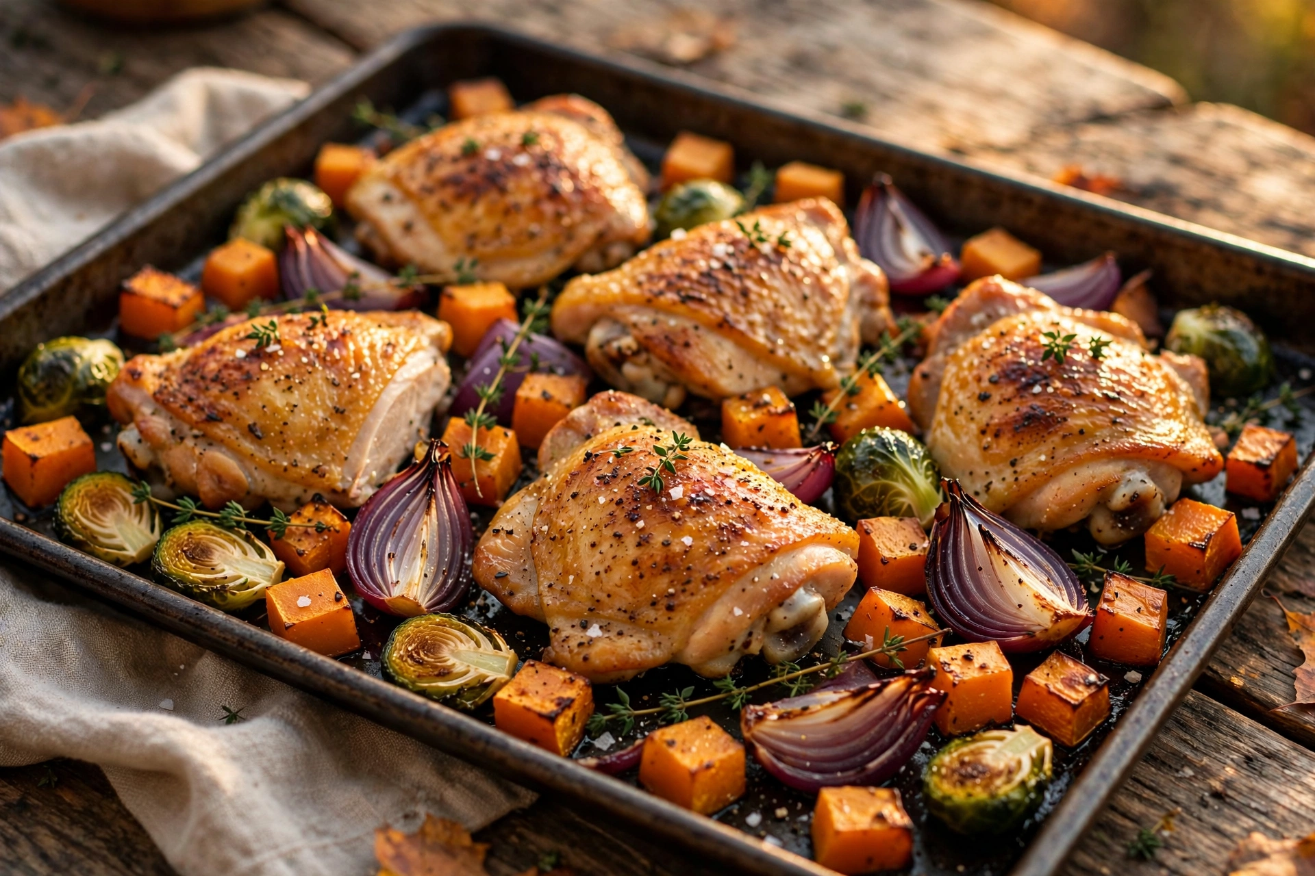 Harvest Chicken and Vegetable Sheet Pan Dinner with golden roasted chicken and autumn vegetables