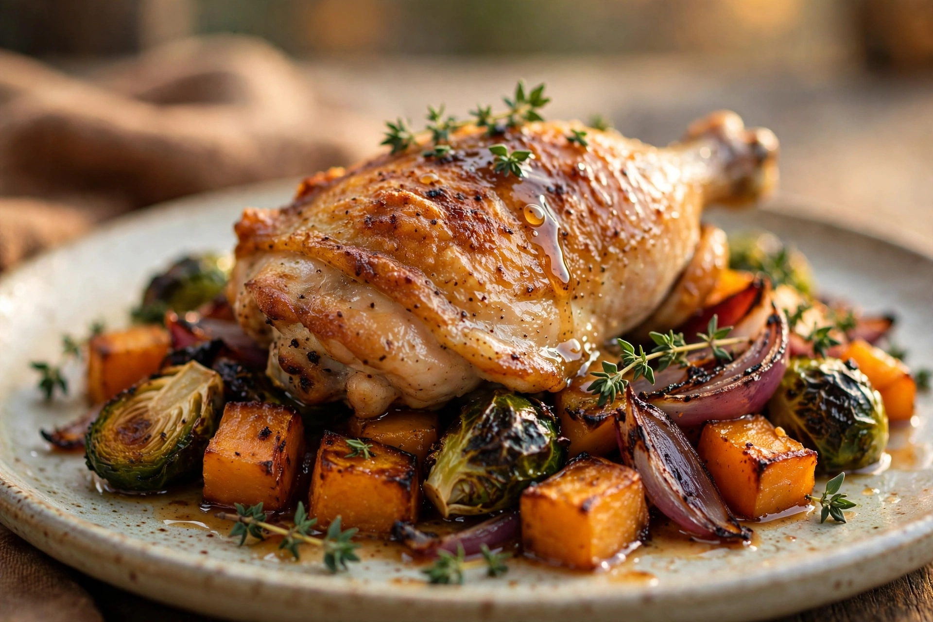 Harvest Chicken and Vegetable Sheet Pan Dinner plated with caramelized squash and Brussels sprouts