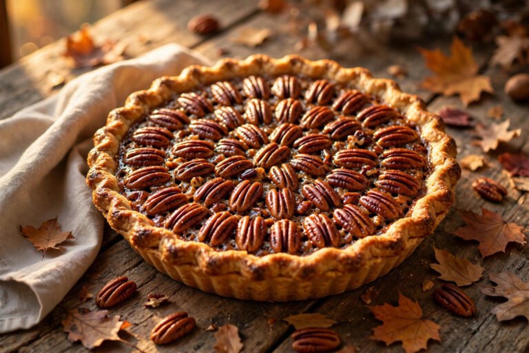 Classic homemade pecan pie with glossy caramel pecan filling on a rustic wooden table