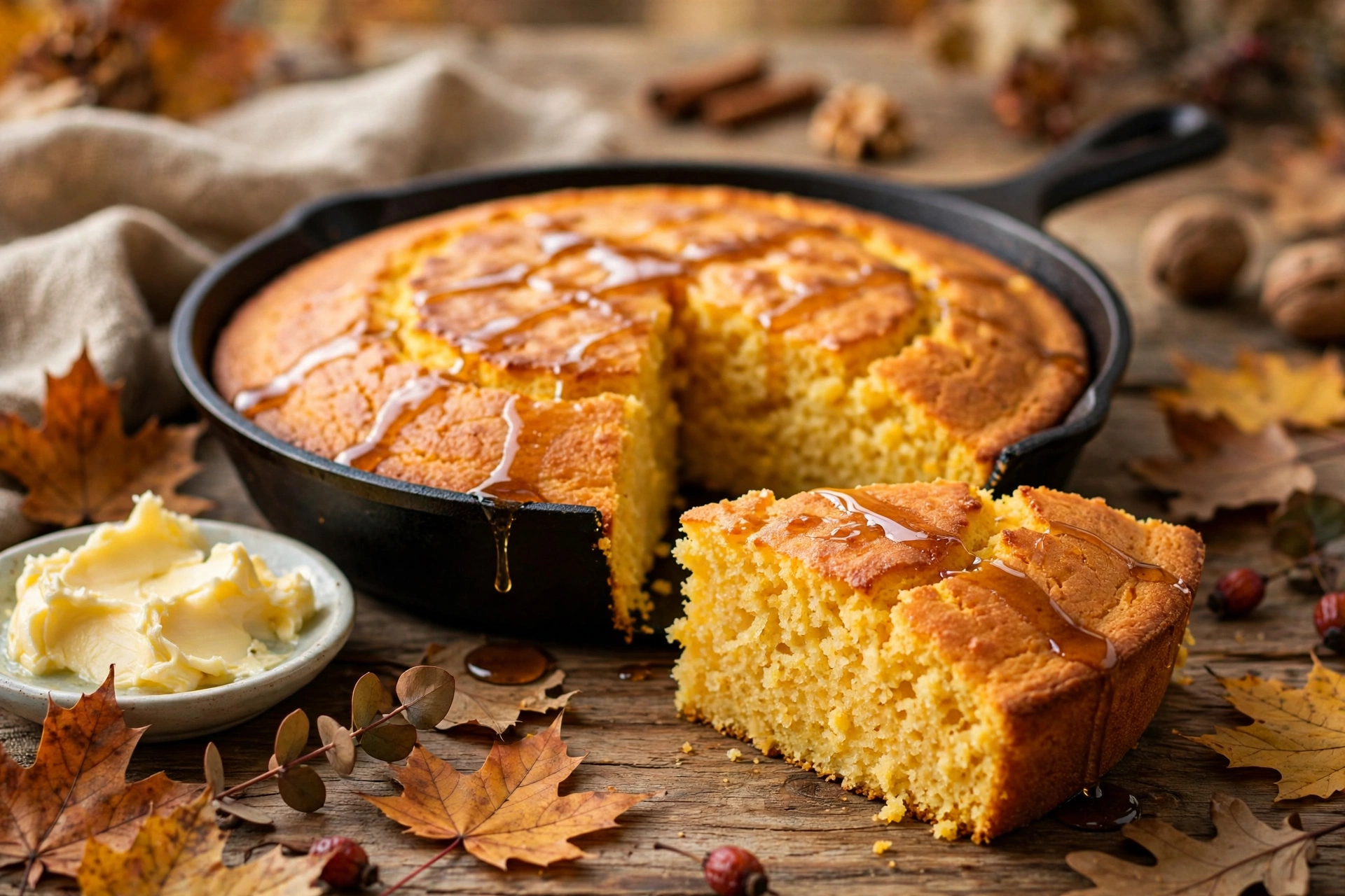 Maple brown butter cornbread in a cast iron skillet