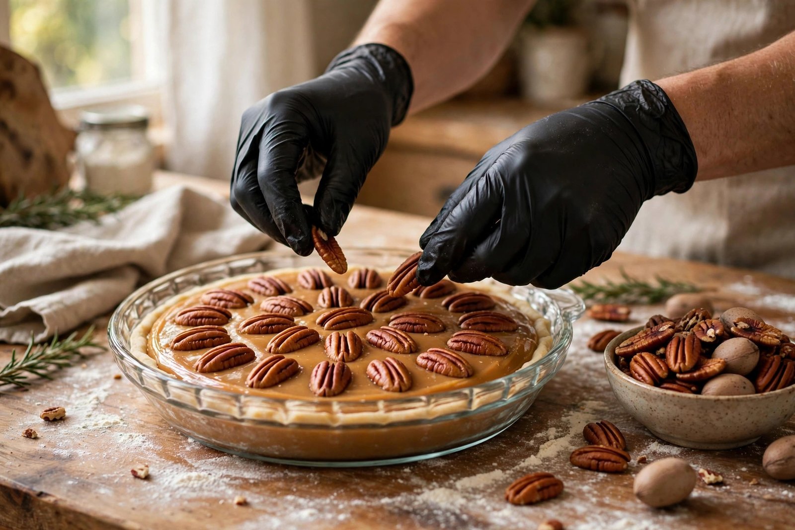 Chef hands in black gloves arranging pecan halves over an unbaked homemade pecan pie
