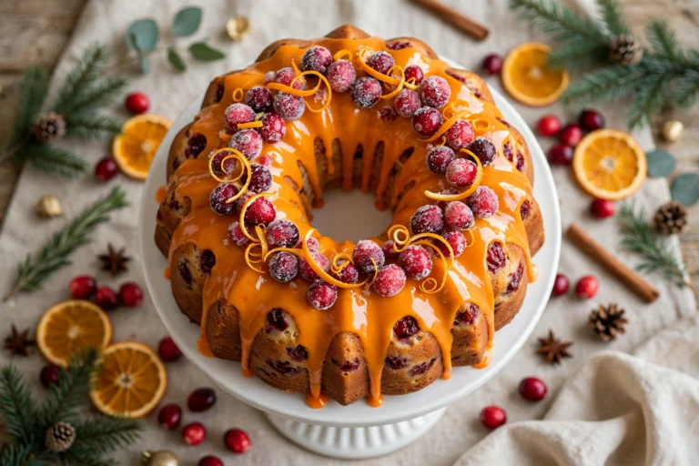 Bundt cake with glossy orange glaze topped with sugared cranberries and orange zest curls