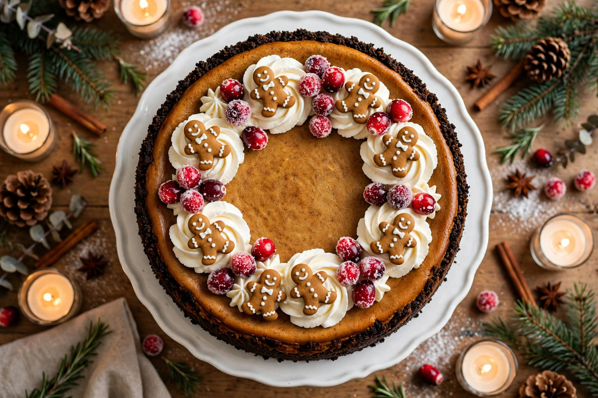 Overhead view of a whole gingerbread cheesecake with a dark gingersnap crust, whipped cream swirls topped with mini gingerbread men and sugared cranberries, candles and pine sprigs around it