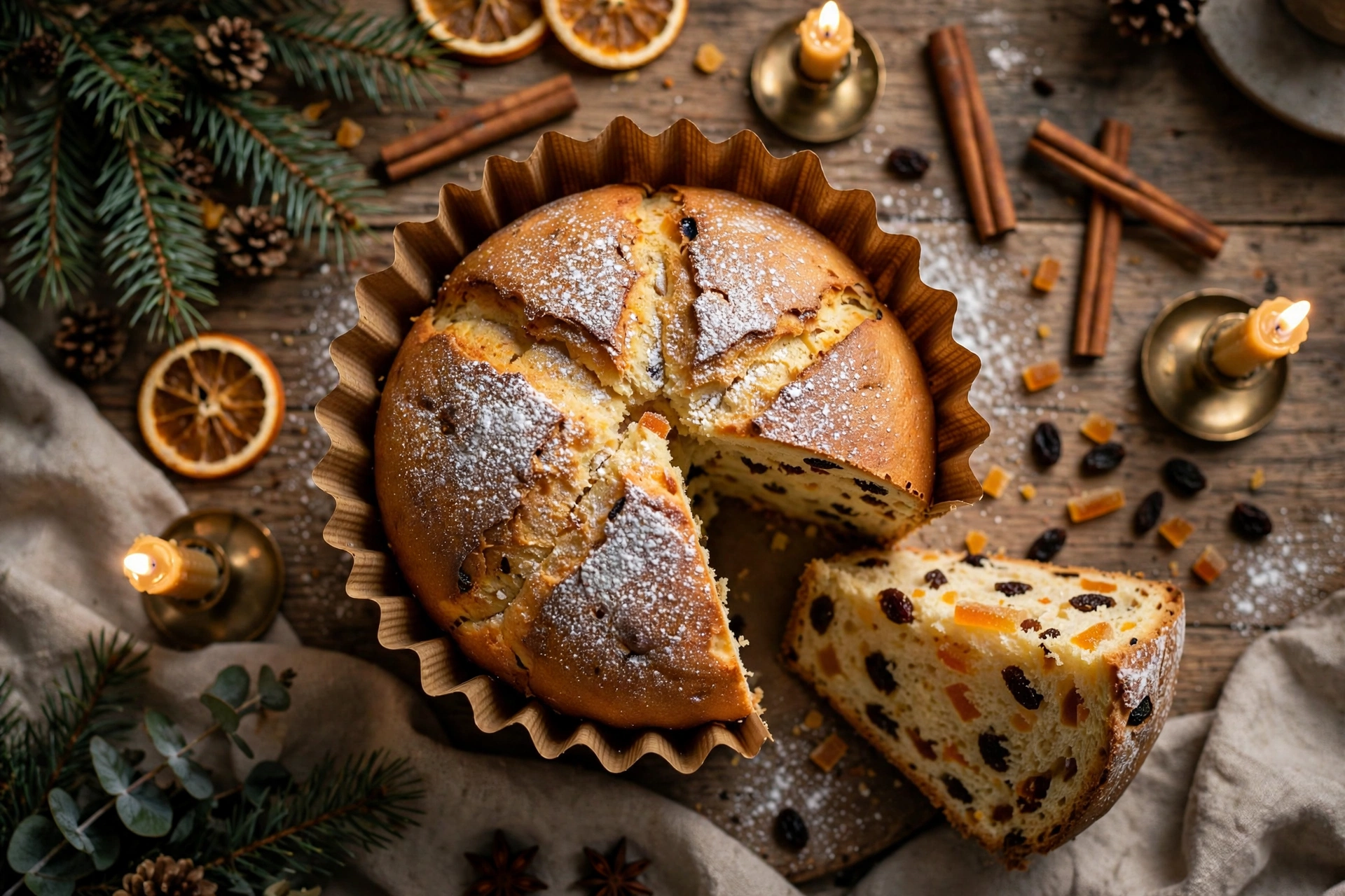 Overhead view of a tall homemade panettone in its fluted paper mold with a cut wedge showing raisins and candied orange peel, candles, pine sprigs and cinnamon sticks around it