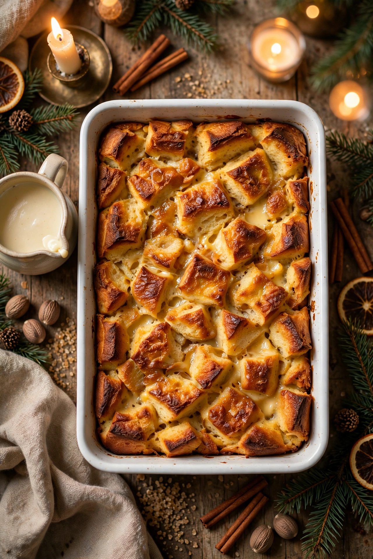 Overhead view of a golden eggnog bread pudding in a white baking dish with crisp caramelized top, a small jug of warm vanilla eggnog sauce, cinnamon sticks, nutmeg and pine sprigs around it on a Christmas table