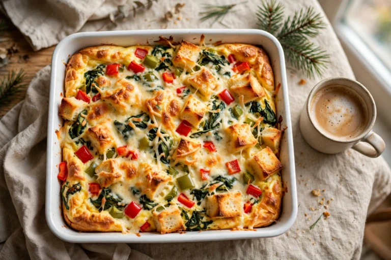 Overhead view of a baked Christmas breakfast strata in a white baking dish, golden puffed top with red and green bell peppers, spinach and melted Gruyere, a cup of coffee and pine sprigs on a Christmas morning table