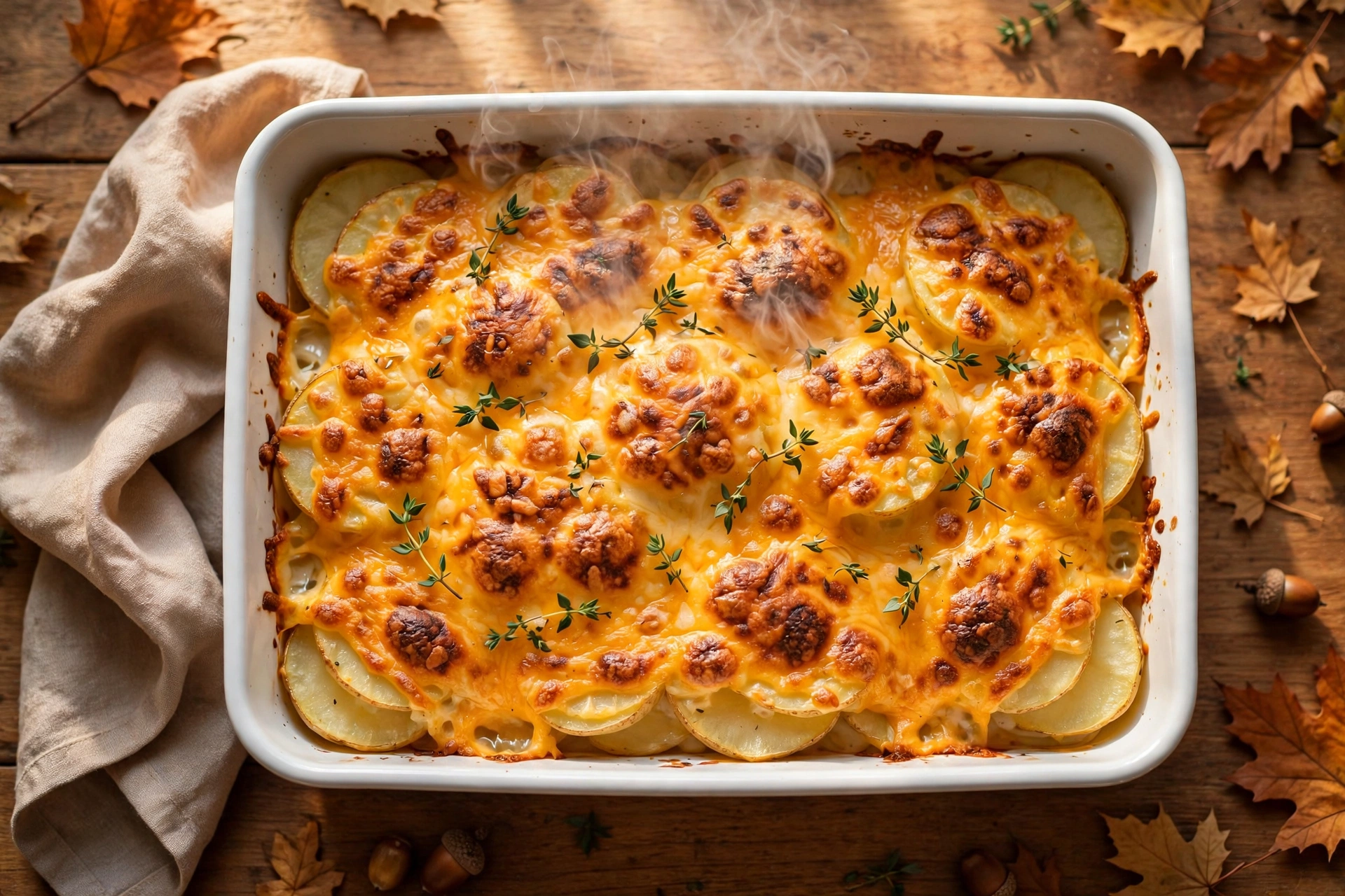 Overhead view of cheesy scalloped potatoes in a baking dish with a deep golden top, on a Thanksgiving table with thyme sprigs and serving dishes around it