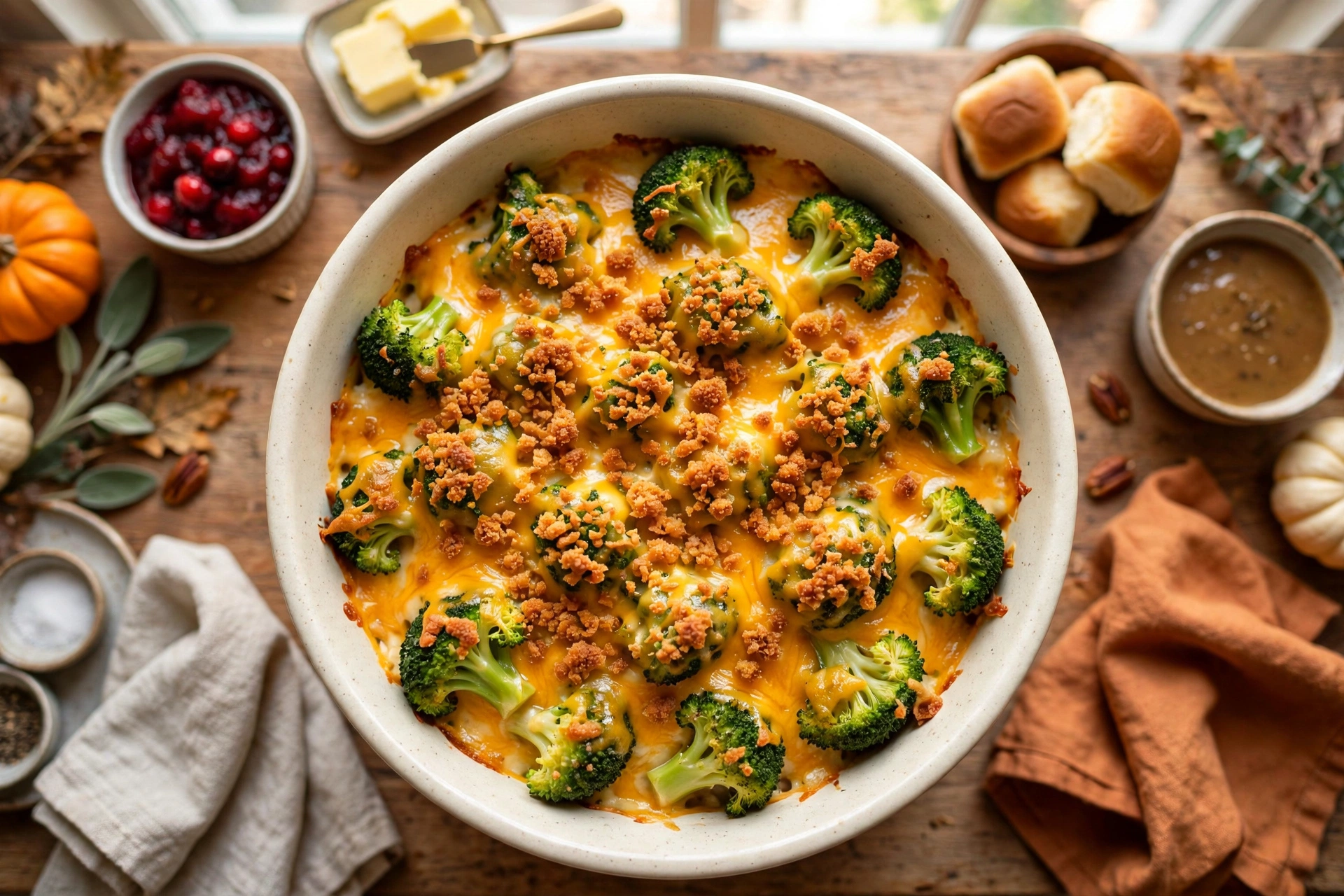 Overhead view of a cheesy broccoli casserole in a cream baking dish, bright green florets in a glossy cheddar sauce under a golden cracker crumb top, on a Thanksgiving table