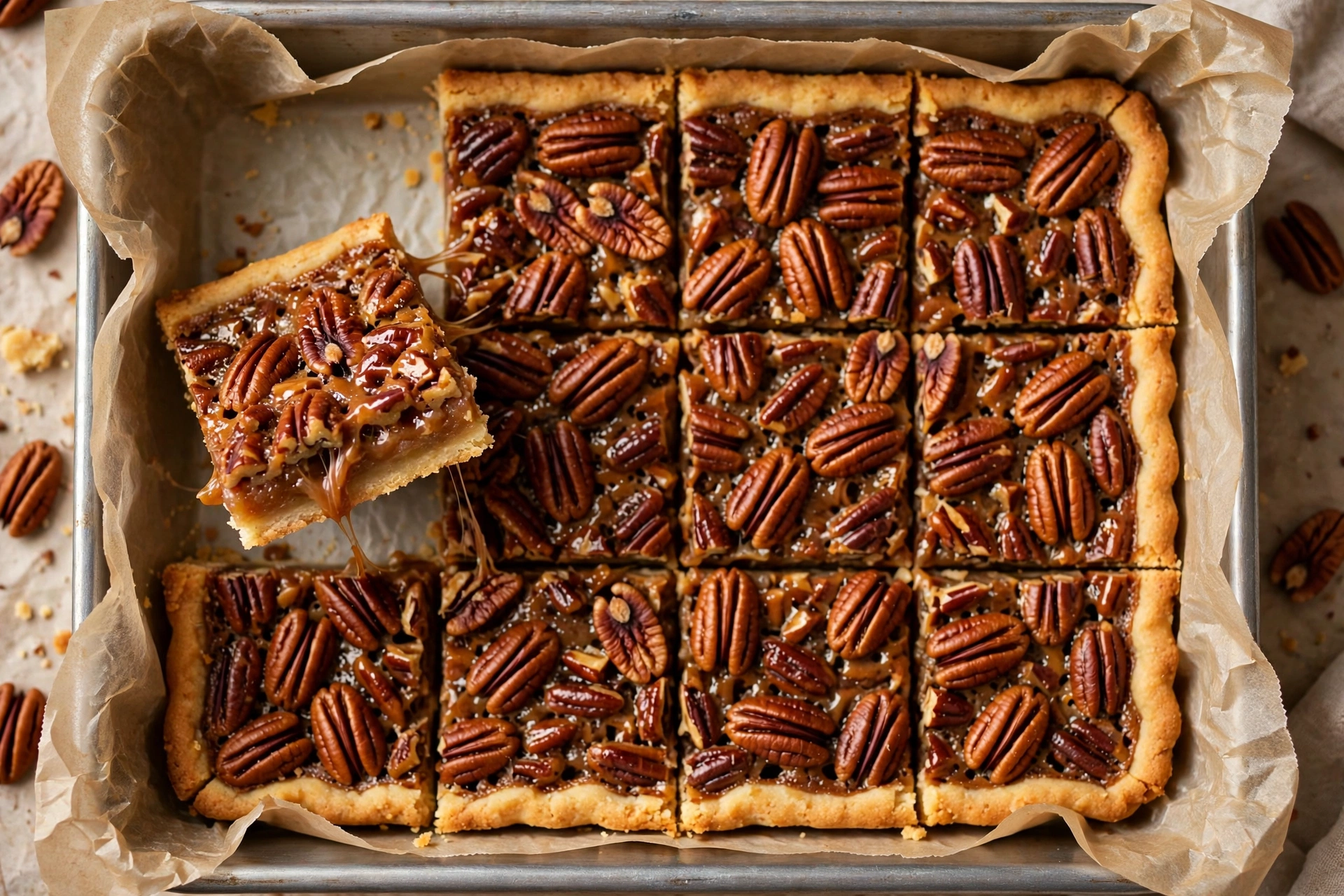 Pecan pie bars with buttery shortbread crust and glossy honey caramel studded with toasted pecans, cut into squares