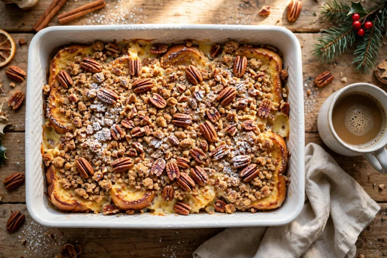 Eggnog french toast casserole in a baking dish with golden streusel topping and toasted pecans