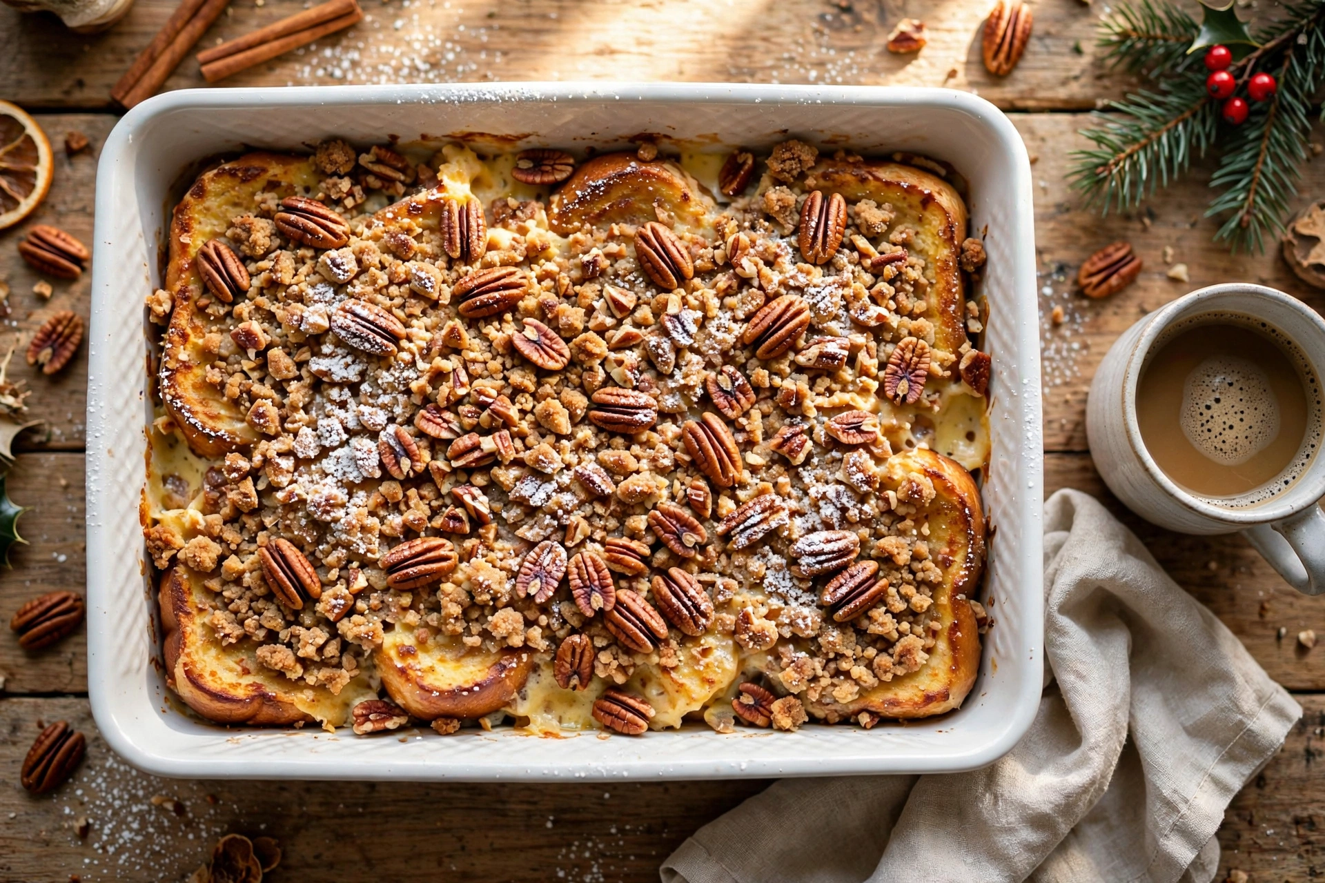 Eggnog french toast casserole in a baking dish with golden streusel topping and toasted pecans