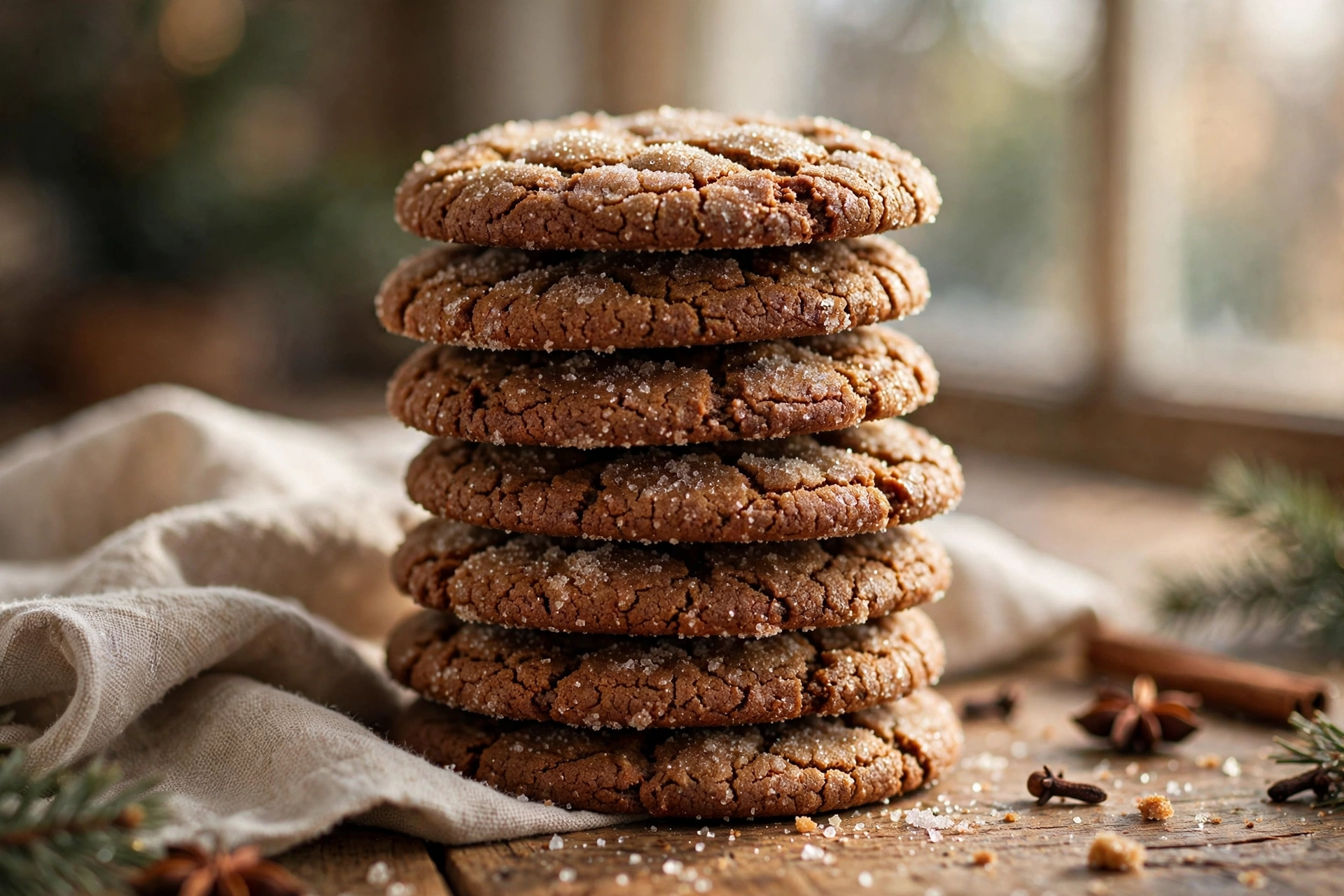 Stack of chewy gingersnap cookies with crackled sugar tops on a rustic wooden table