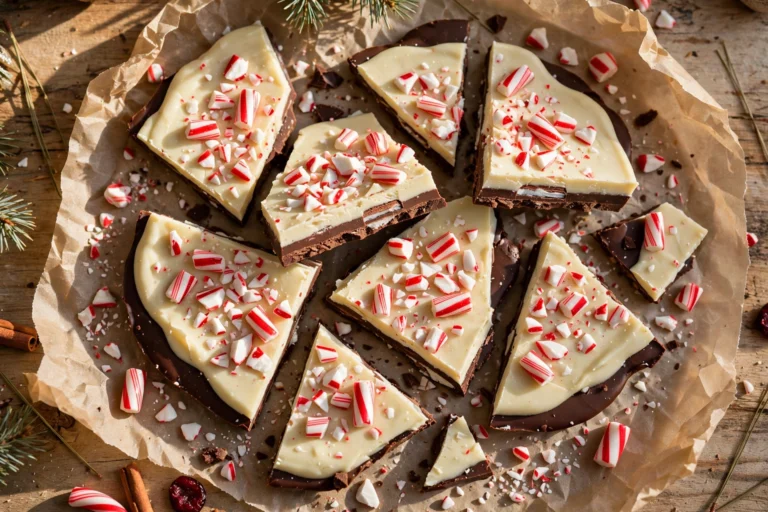 Overhead view of homemade peppermint bark pieces with dark and white chocolate layers topped with crushed candy canes on parchment paper