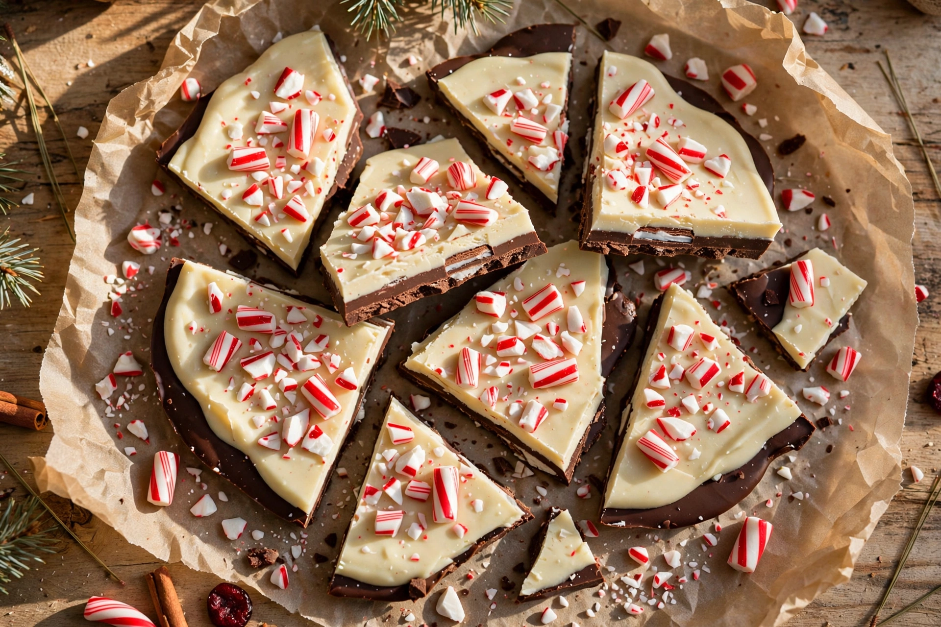 Overhead view of homemade peppermint bark pieces with dark and white chocolate layers topped with crushed candy canes on parchment paper