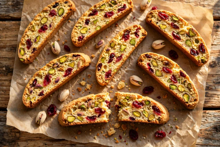 Overhead view of homemade cranberry pistachio biscotti with ruby cranberries and green pistachios on parchment paper