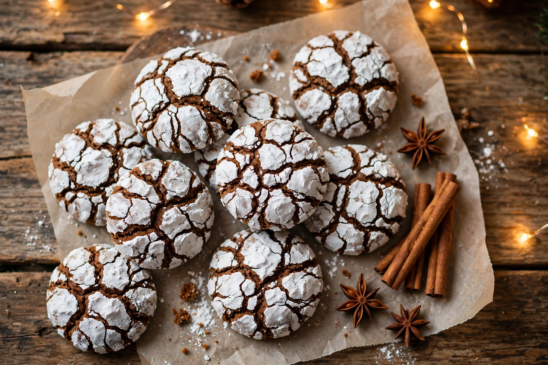 Overhead view of gingerbread crinkle cookies with snowy powdered sugar crackled tops on parchment paper with cinnamon sticks and star anise