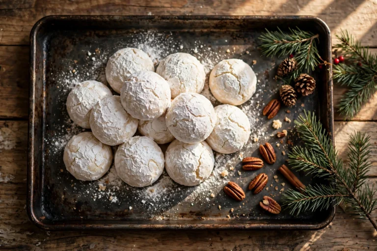 Overhead view of snowball cookies coated in powdered sugar piled on a dark baking sheet with pecans, pine sprigs and small pinecones