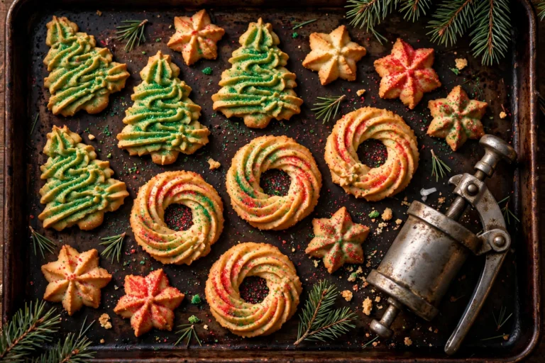 Overhead view of pressed spritz cookies in Christmas tree, wreath and star shapes with red and green sanding sugar on a dark baking sheet, vintage cookie press beside them